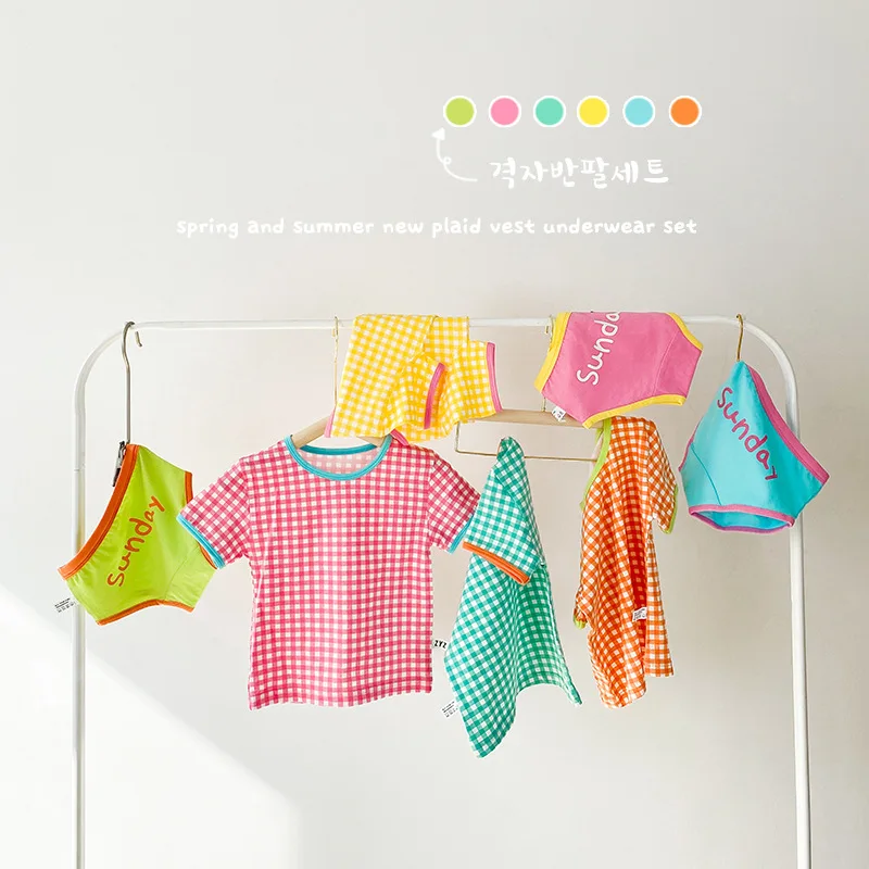 

2021 Summer Kids Clothes Set Plaid Tees and Two Underpants Sleepsuit for Brothers Sister 3Pcs