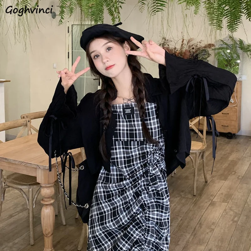 

Рубашки для женщин и девушек, модная однотонная Осенняя дизайнерская винтажная Повседневная Уличная одежда Ulzzang с расклешенным рукавом, ун...