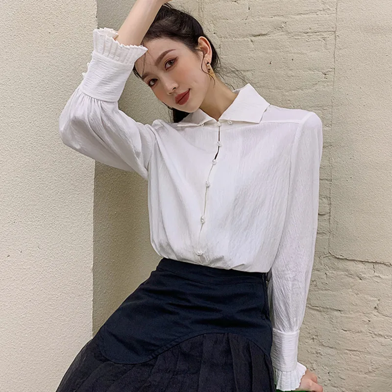 

LANMREM Women Blouses Turn-down Collar 2021 Elegant Shirts All-match Long-sleeve Casual Outerwear Female Top Clothes 2P2675