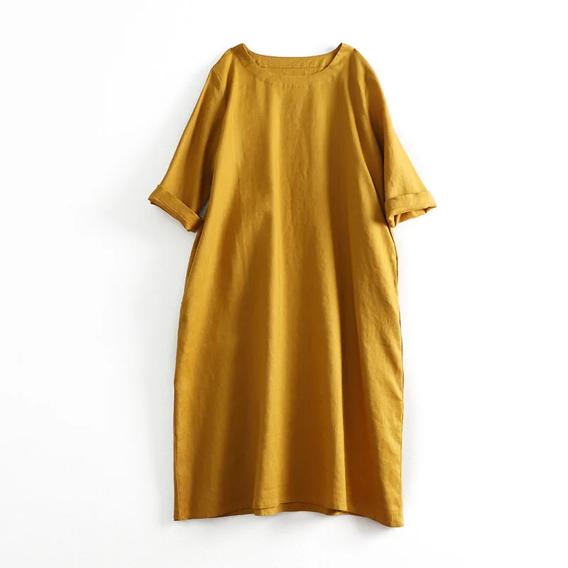 Однотонное льняное платье свободного кроя и облегающее из хлопка льна с 5