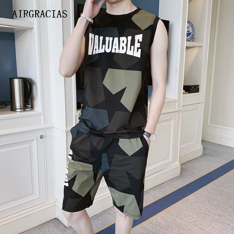 

Мужской Камуфляжный жилет AIRGRACIAS, летняя футболка с коротким рукавом, шорты, Спортивный Повседневный костюм, мужской костюм для бега, 2021