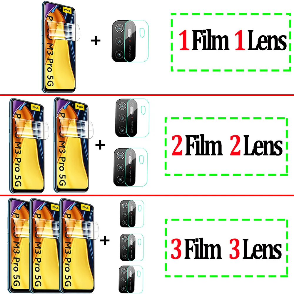 1~5 Hydrogel Film + Lens,For Xiaomi Poco X3 F4 GT X4 Pro 5G Hidrogel Poko X3 Pro NFC Screen Protector Poco M3 M4 Pro Soft Glass