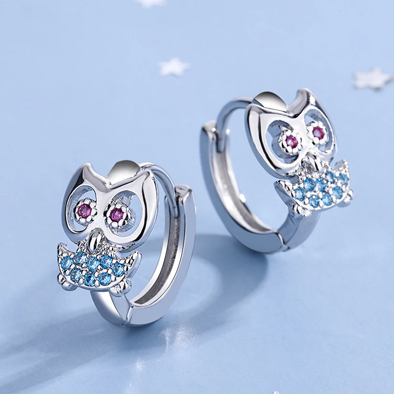 

Синие и розовые маленькие серьги-кольца Стразы в форме совы, Модные посеребренные серьги-кольца, ювелирные изделия для вечеринки, подарок для женщин и девушек