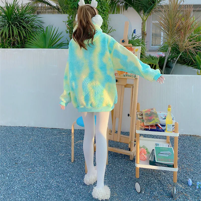

Winter Rainbow Kawaii Fur Hoodies Women Warm Sweet Oversized Hoodie Female Harajuku High Street n Sweatshirt Women