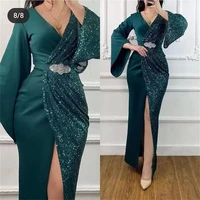 dark green evening dresses long sleeves sparkly sequins mermaid crystals front slit sexy deeep v neck custom made party dress