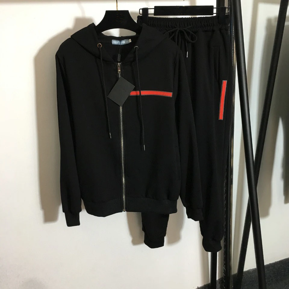 

High Quality Luxury Autumn Women Red Logo Long Sleeve Hooded Zipper Sweatshirt Top+elastic Waist Pants Sport 2pcs Set S-XL