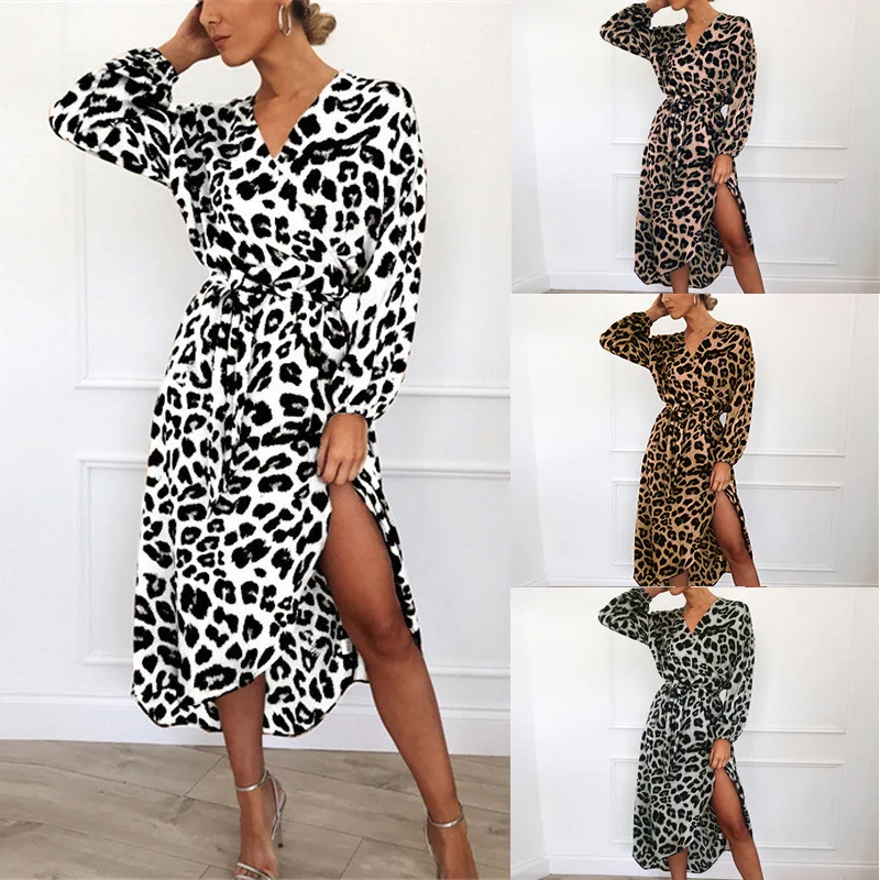 

Ladies 2021 spring foreign trade new temperament all-match sexy V-neck leopard print chiffon dress with long sleeves