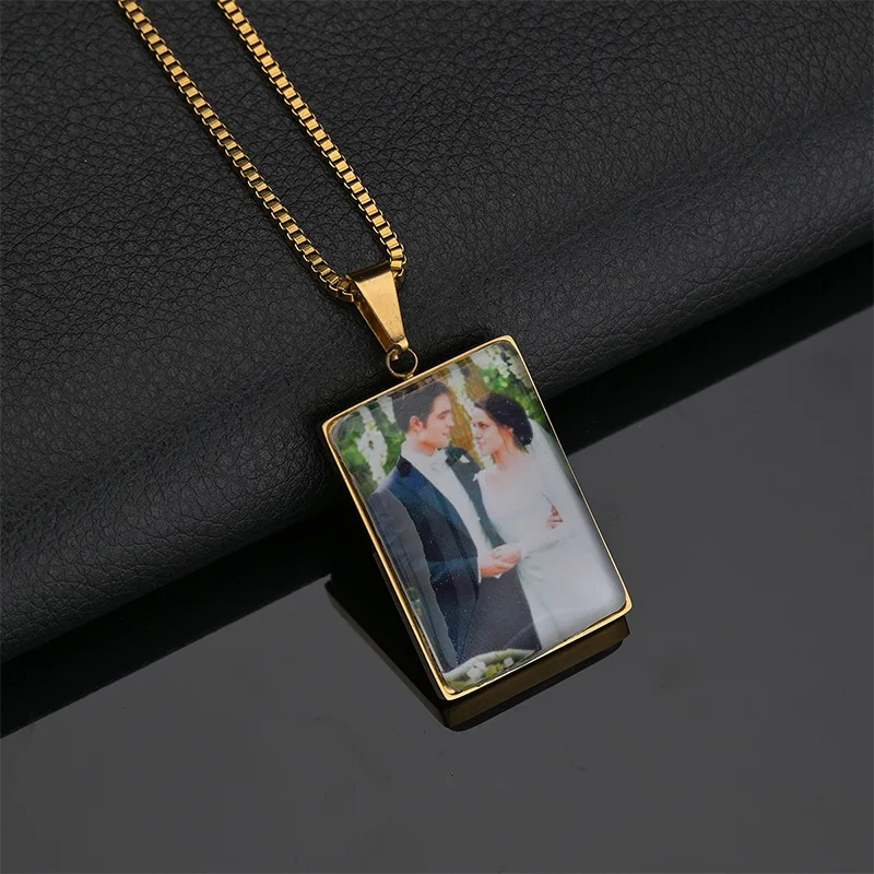 Personalized Stainless Steel Custom Photo Square Pendant Necklace Memory Medallions Engrave Name Jewelry For Women Birthday Gift images - 6