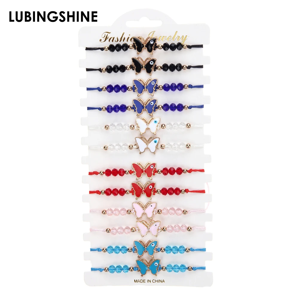 

12pcs/lot Color Drop Oil Butterfly Charm Bracelet Bohemia Handmade Braided Rope Evil Eye Bracelets for Women Cuff Jewelry Gift