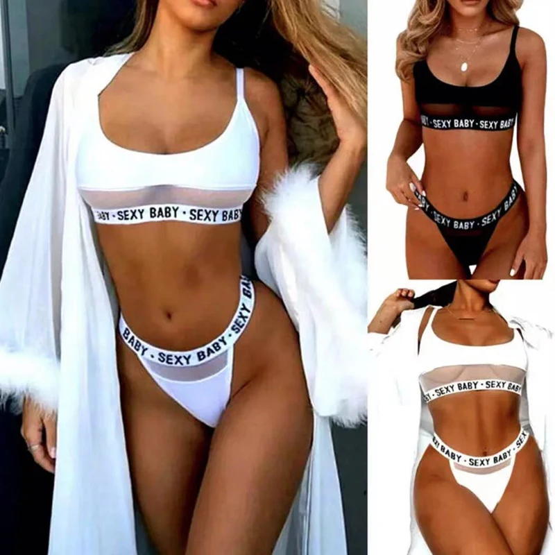 

Sexy Underwear Sexy Hollow Letter Three-Point Women's Split Underwear Transparent Bra Sexy Bra And Panty Sets