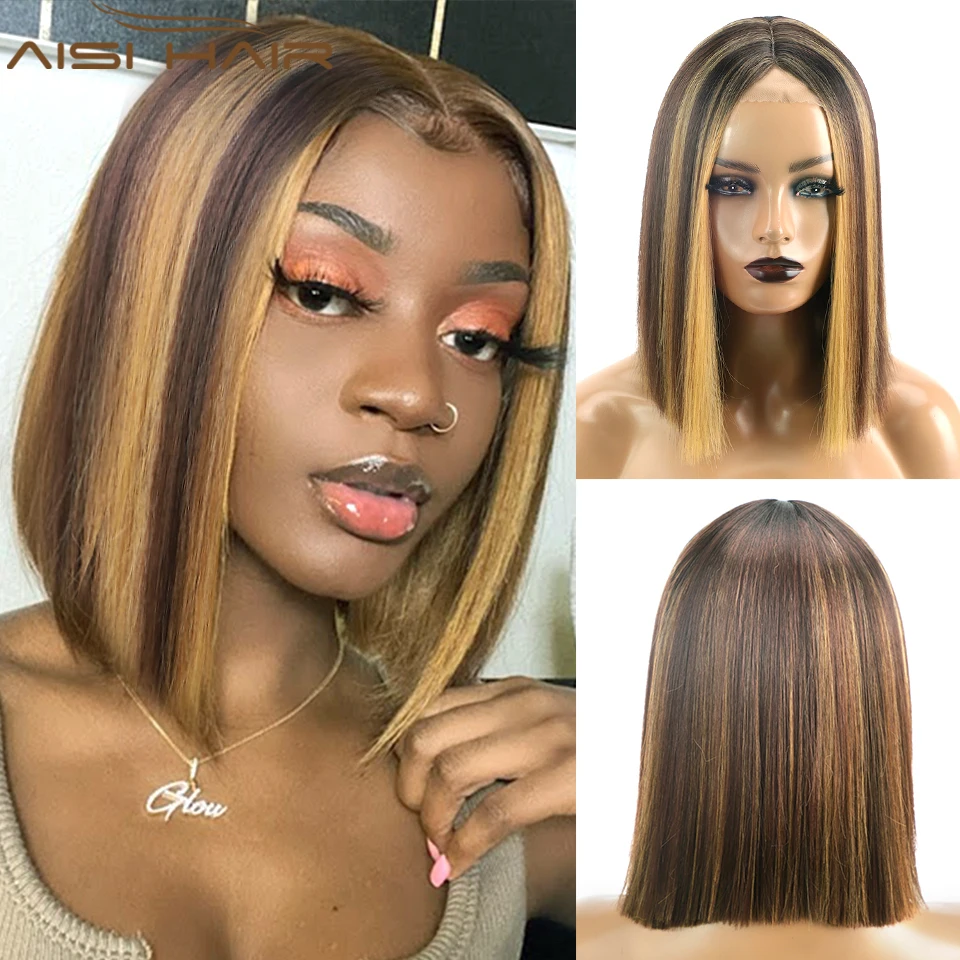 

AISI HAIR Straight Synthetic Wig Highlight Bob Wig For Black Women Middle Part Nature Honey Blonde Brown Ombre Daily Use Hairs