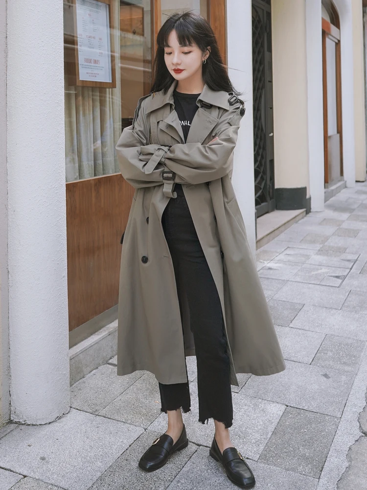 

New Spring Autumn Women Trench Coat Long Double-Breasted with Belts Flaps England Style Coat Cloak Female Outerwear FS105