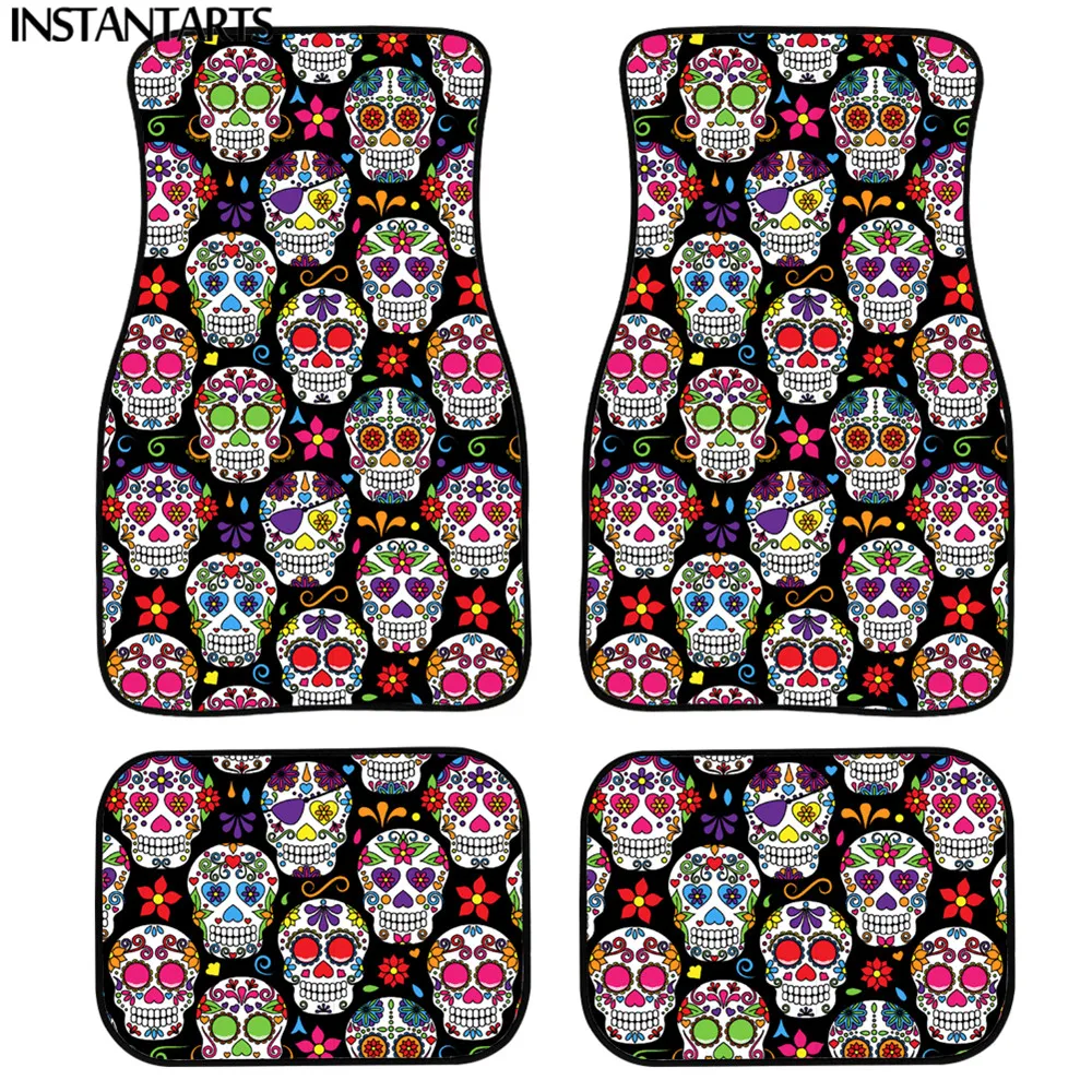 

INSTANTARTS Sugar Skull Design 4pcs Front and Back Floor Mats for Cars All Weather Washabale Car Floor Mat Soft Car Carpet Rug