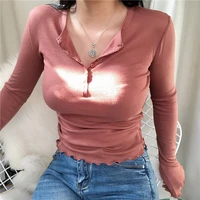 2022 fashion t shirt women top long sleeve korean sexy button v neck tee shirts femme slim elastic skinny basic solid tops