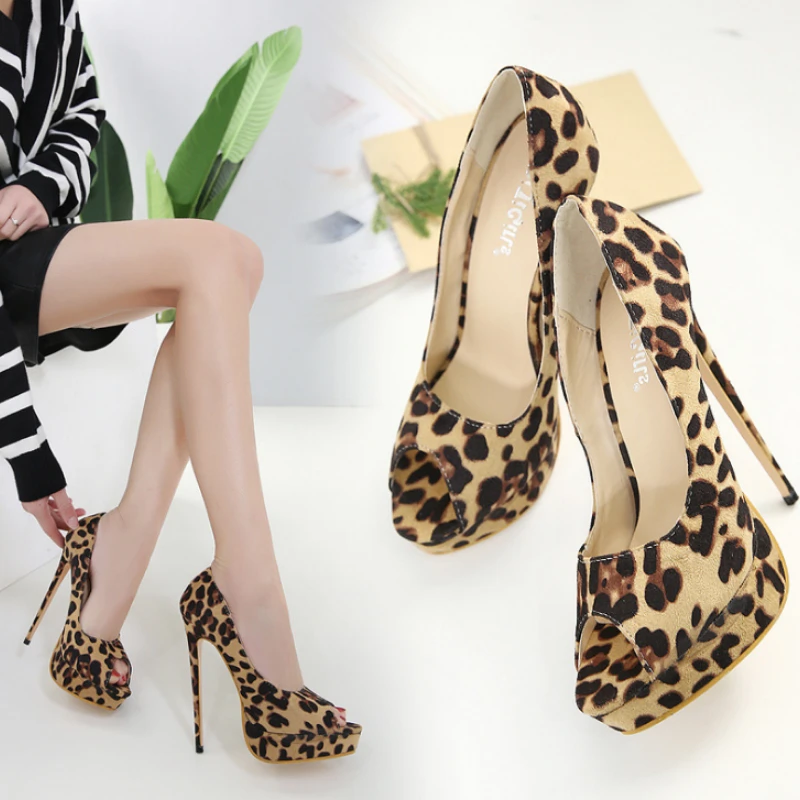 

Fashion Women Shoes New Summer Sexy Flock Leopard Print High Heel Sandals Fish Mouth Waterproof Taiwan Cover Heel Sandals