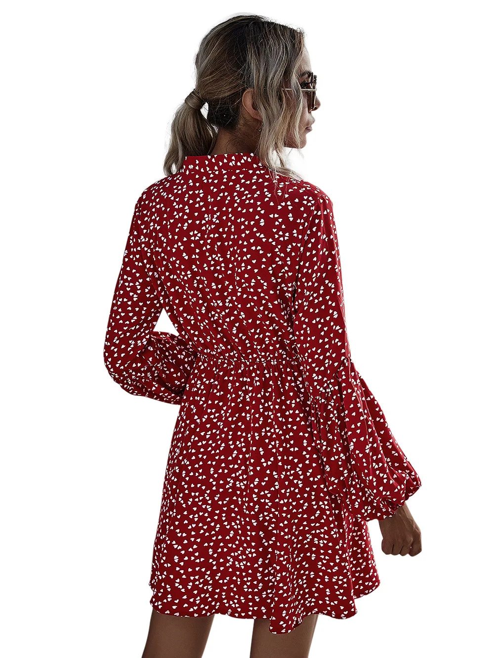 

2021 spring pleated red floral dress European American women's V-neck temperament dresses female high waist a-line slim casual