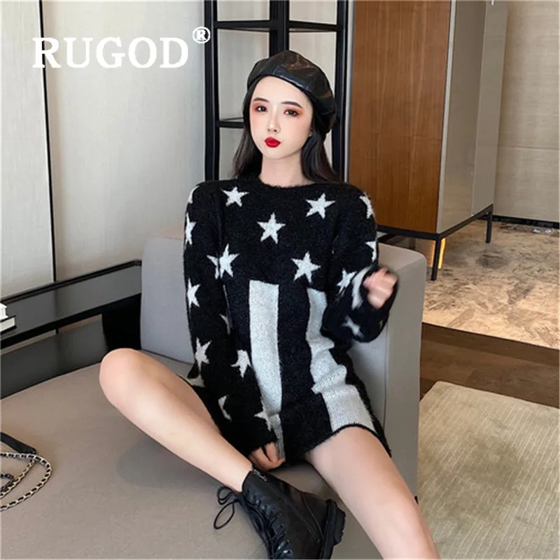 RUGOD Autumn Winter New Style Loose Star Pattern Fuzzy Sweater Dress Women Medium Long Mohair Pullover Fashion 2019 Kpop Clothes | Женская