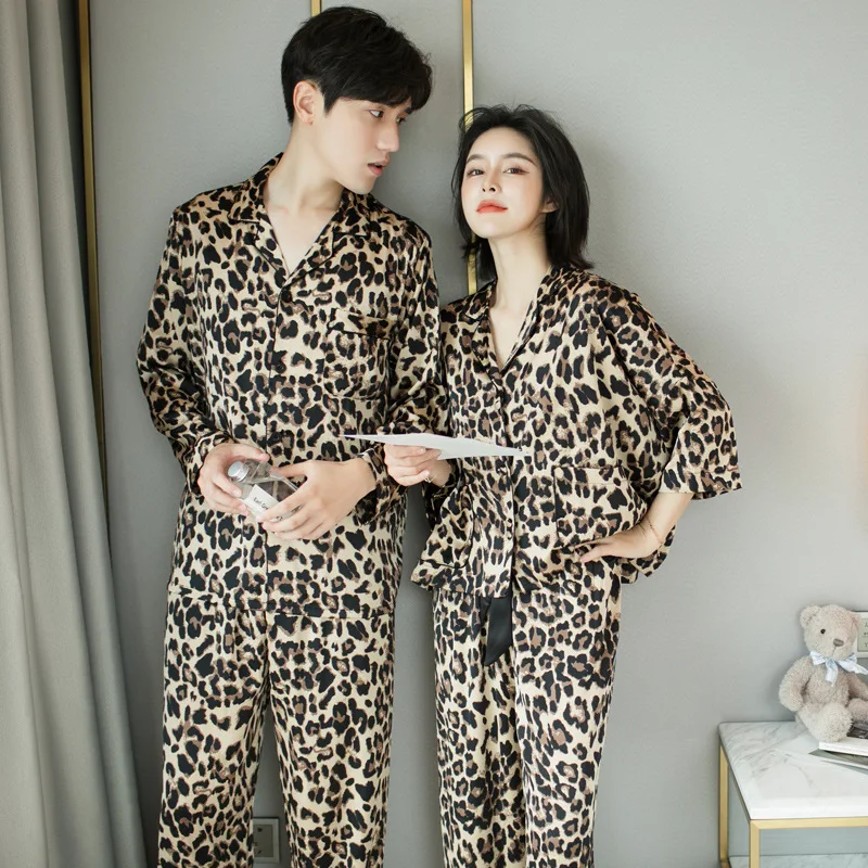 

Couple Satin Silk Sleepwear Sexy Leopard Pajamas for Women Top Breathable Female Pyjamas Set Home Service Plus Size Nightwear