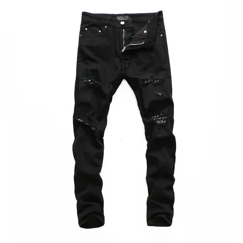 

Paisley Print Patched Jeans For Men Skinny Hight Street Trendy Brand Denim Pants Distressed Ripped Vintage Denim Black Jeans Men