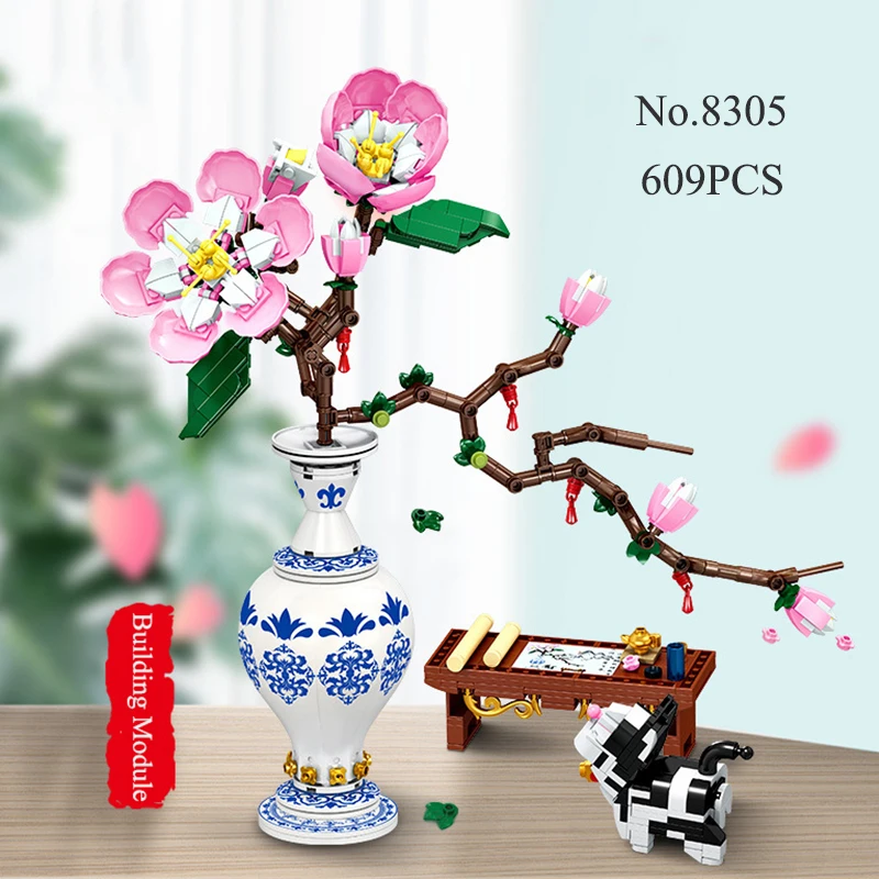 

609Pcs Plant Flowers Peach Blossom Building Blocks DIY Home Potted Blue and White Porcelain Model Decoration Children's Toy Gift