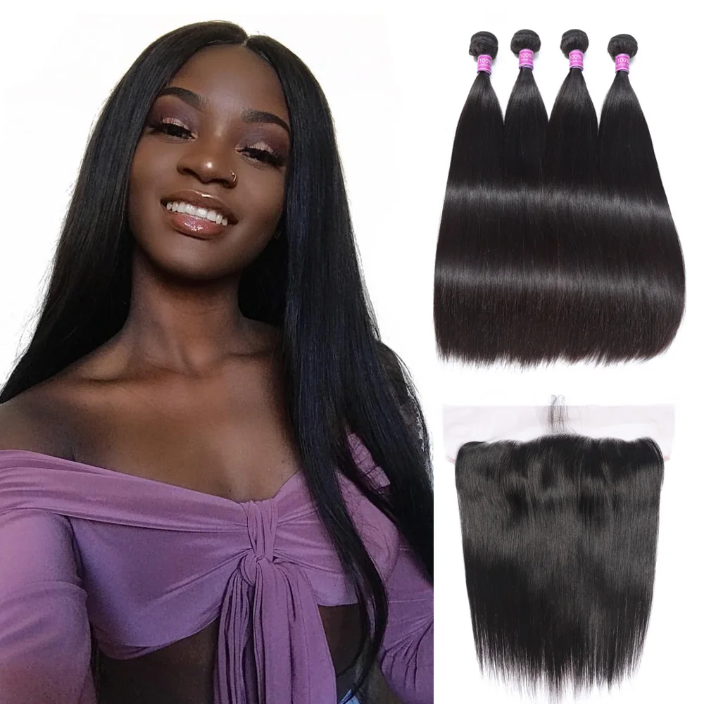 4 пучка волос Remy с фронтальной перуанской прямой человеческие волосы закрытием