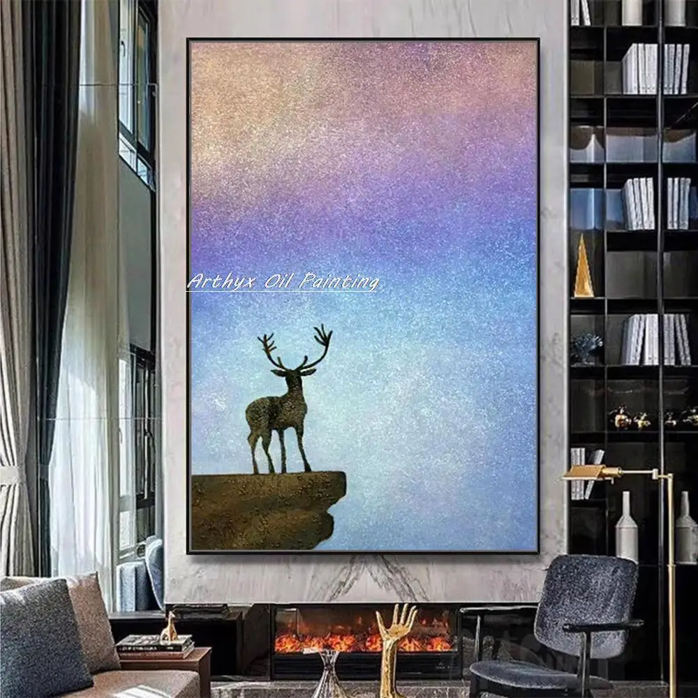 

Arthyx ручная роспись оленя животные картина маслом на холсте Современная Абстрактная звезда море настенные картины для детской комнаты дома...