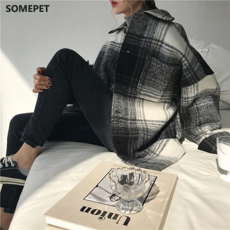 

Wool Women Simple Plaid Student All-match Pockets Elegant Womens Outwear Winter Warm High Quality Harajuku Females Coat Fashion