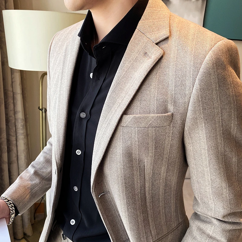2021 Spring autumn stripe Blazer Jacket Men Clothing Fashion Two Buttons Slim Fit Casual Suits Coat Business Formal Hot S-3XL