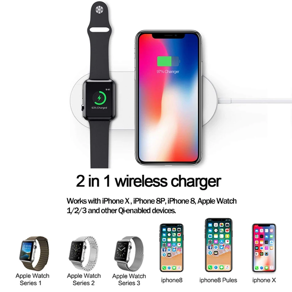 

2 in 1 Wireless Charger For iPhone X XS Max 8 7 11 2019 Samsung Apple Watch 4 3 2 Fast Wireless Charging Pad Support iP Watch 4