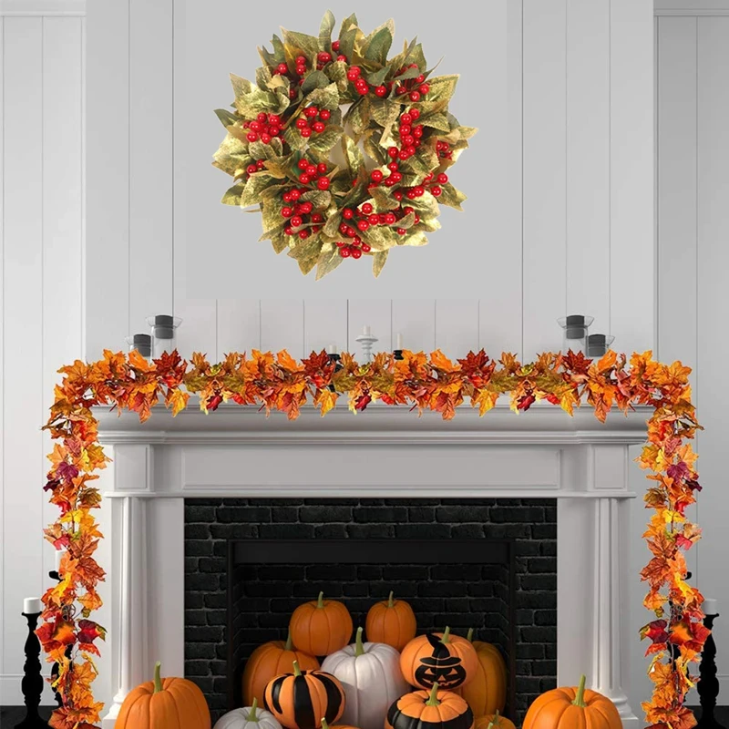 

LUDA Artificial Gold Leaf Red Berry Wreath Wall Hanging Christmas Wreath For Home Party Indoor Outdoor Window Decoration