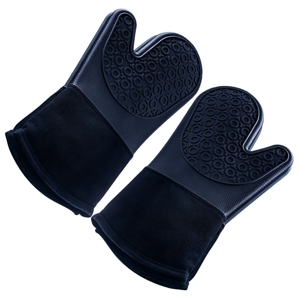 

2PCS Silicone Oven Mitts Non-slip Cotton Lining Heat-resistant Pot Holder Kitchen Oven Baking Cooking Tools (Black)