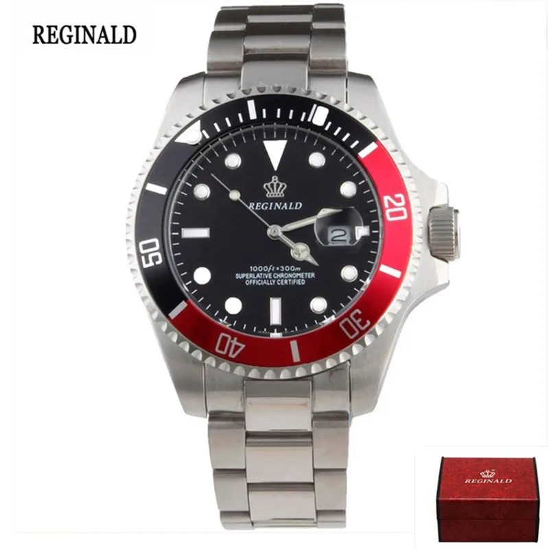 black red with box Мужские часы Топ бренд Реджинальд часы мужские спортивные часы вращающийся ободок GMT сапфировое стекло Дата часы из нержавеющей стали подарки - Цвет: black red with box