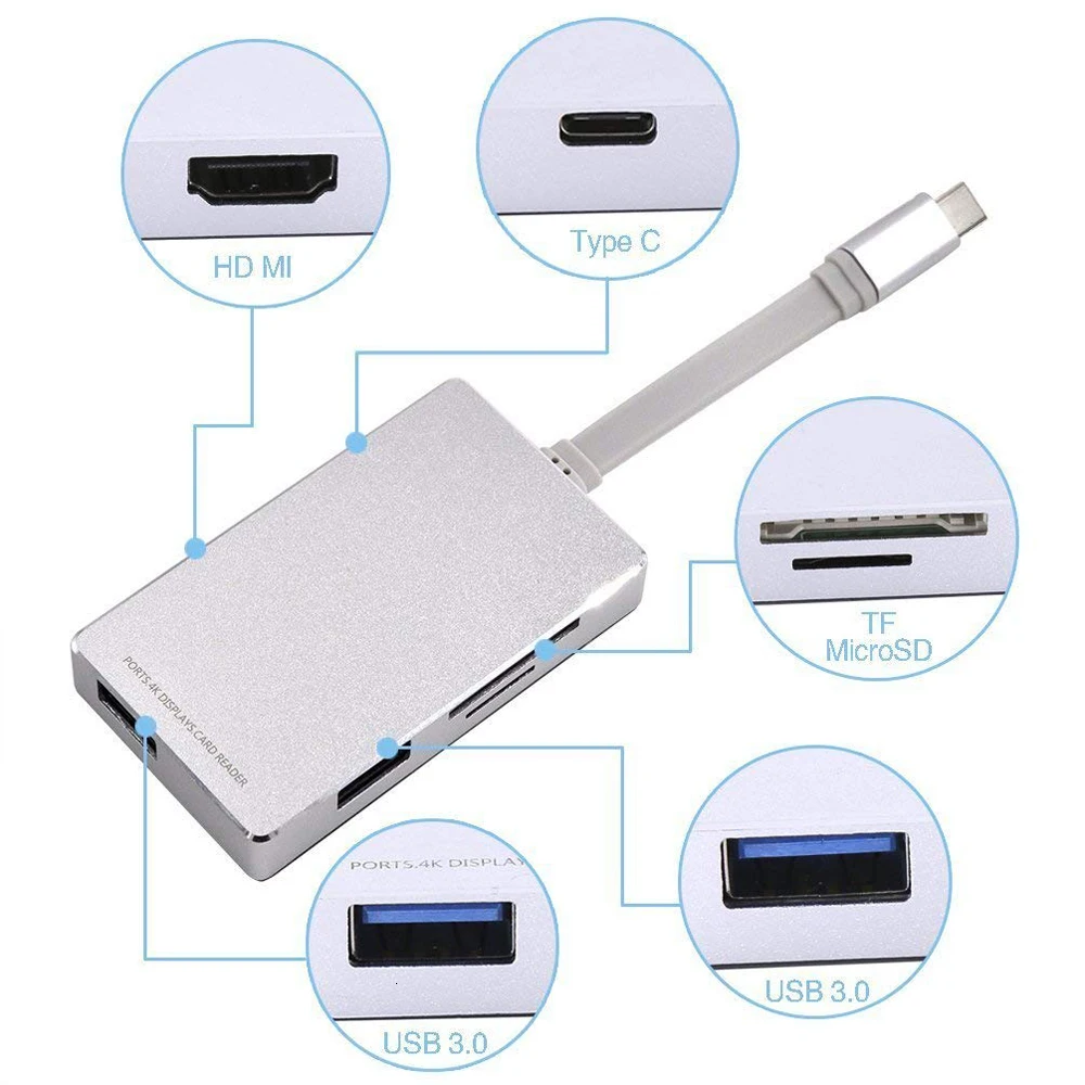 Концентратор USB Type C Thunderbolt 3 адаптер с HDMI 4K зарядными портами 2 USB 3,0 Micro SD/TF кард-ридер для Macbook Pro