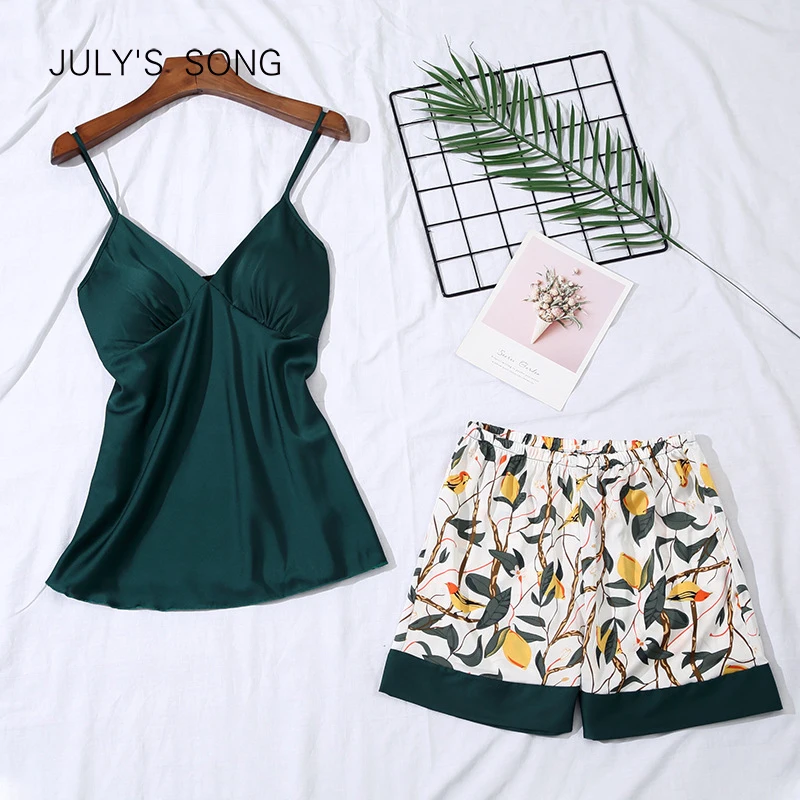 Пижама JULY'S SONG Женская атласная на бретельках и шорты с принтом, пикантный пижамный комплект, мягкая Пижама без рукавов, весна-лето от AliExpress WW