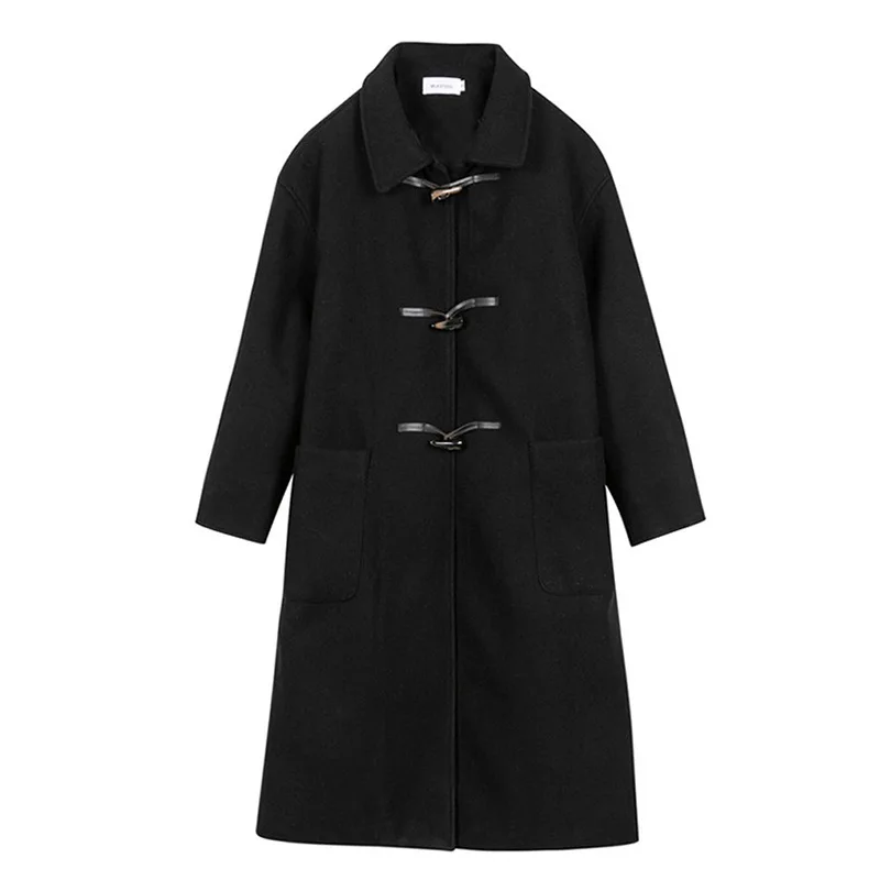 

Winter Wool Cashmere Black Coat Women Warm Outerwear Ladies Long Trench Coats Elegant Female Office Wear Korean Fashion Clothing