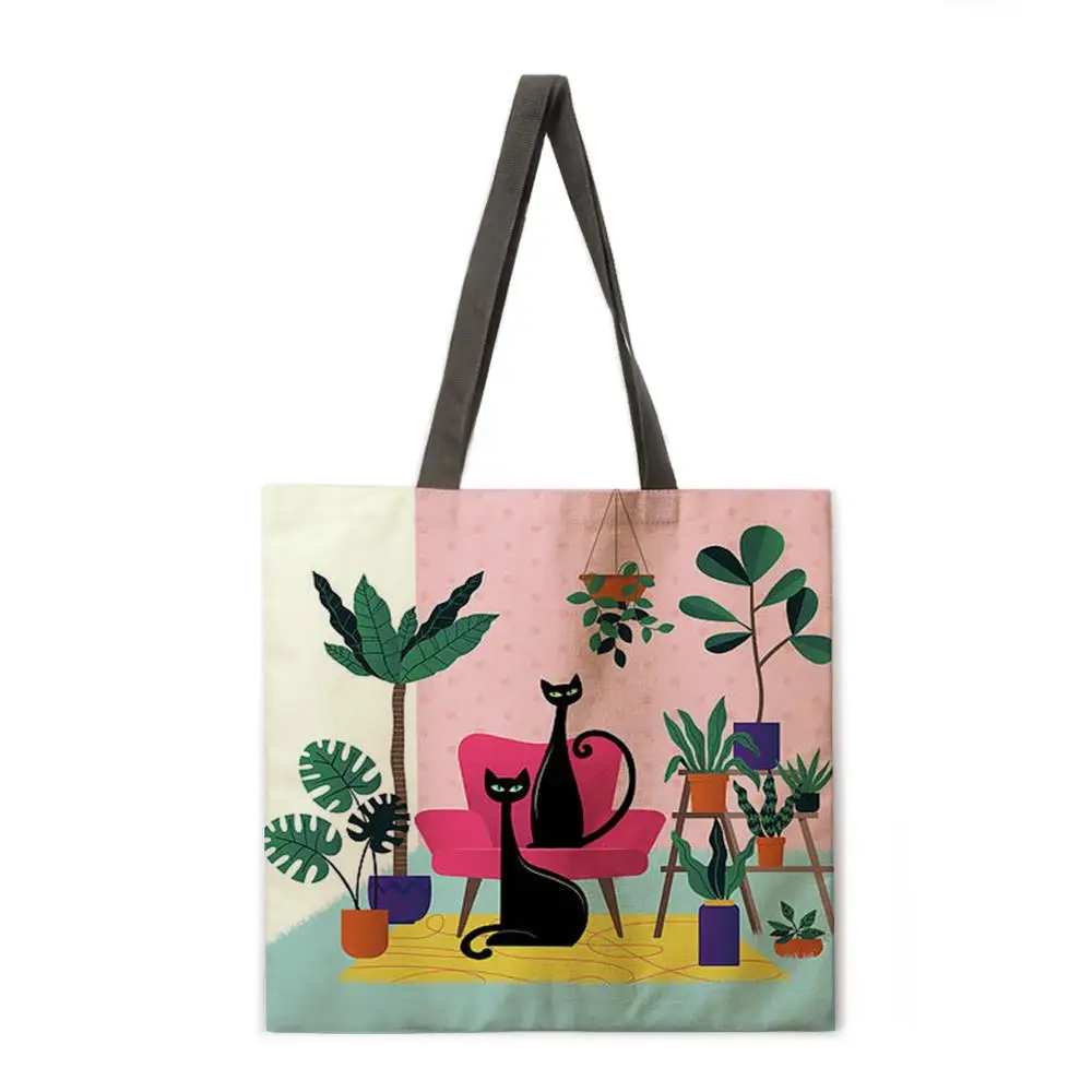 

Oil painting line cat tote bag reusable beach bag linen fabric casual tote bag lady one-shoulder foldable shopping bag