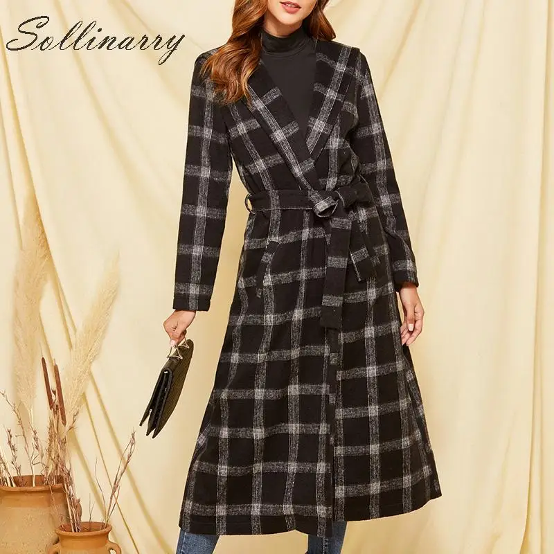 Sollinarry High Fashion Black Women Long Coats Trench Elegant Autumn Winter Hodded Sash Jacktes Female Casual Coat Outwear Plaid | Женская