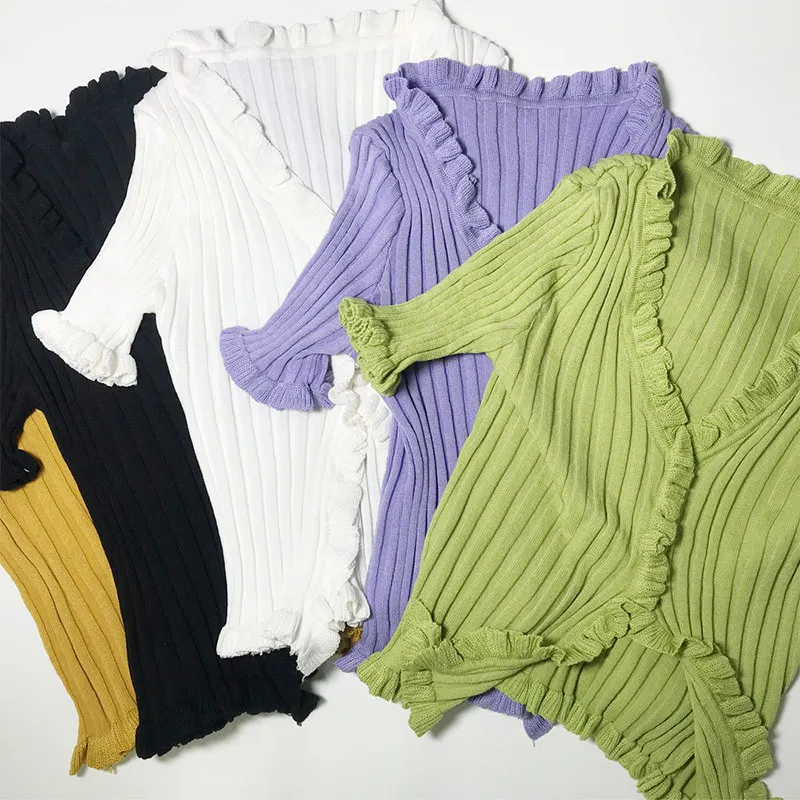 

Summer Women's Ruffles Blouse Knitted Buttons Stretchy Short Petal Sleeve All-Match 2021 Fashion Solid Stripes Female Crop Top
