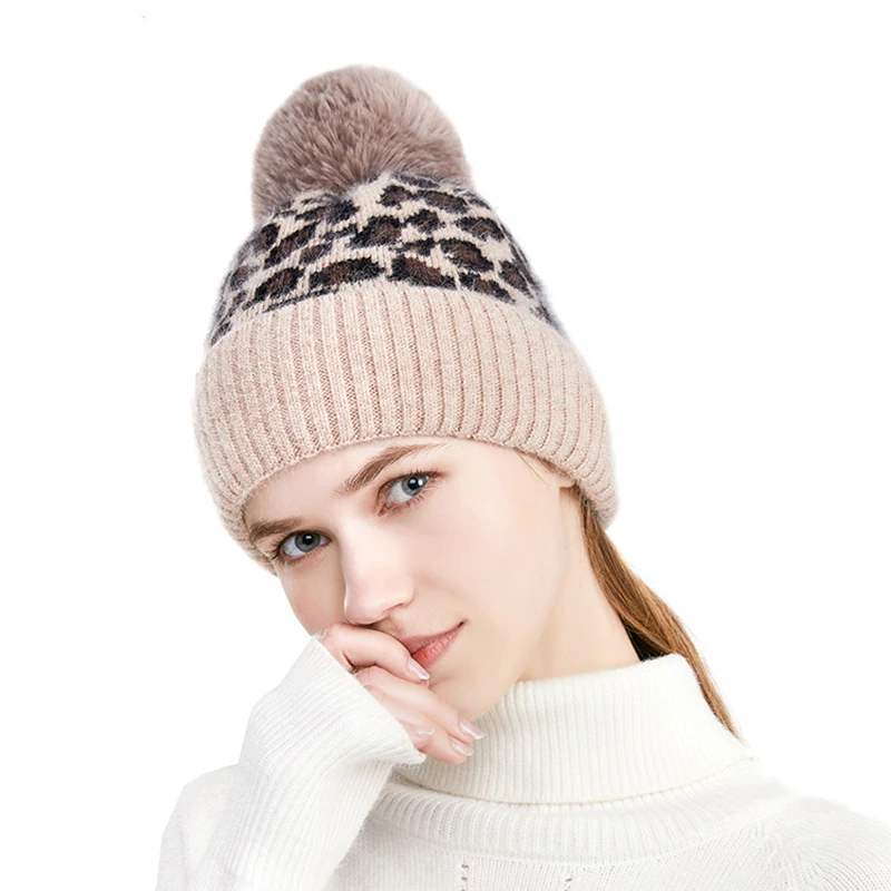 

2021 Winter Pompom Beanies Hat For Women Woollen Knitted Hat With Hairball Skullies Beanies Leopard Cover Head Cap Female Bonnet