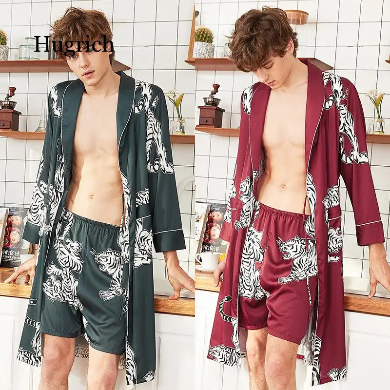 Two-Pieces Silk Nightgown Satin Male Sleepwear Loose Tiger Dress Silky Long Sleeve Robe and Long Pants Bathrobe Set for Men