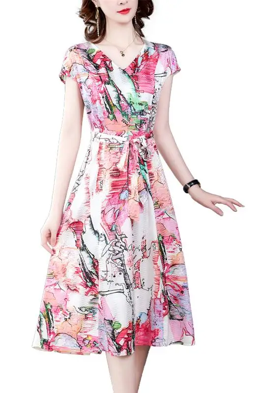 

COIGARSAM 3XL Plus Size Fashion Silk Women dress New Summer Print V-Neck Dresses 5905