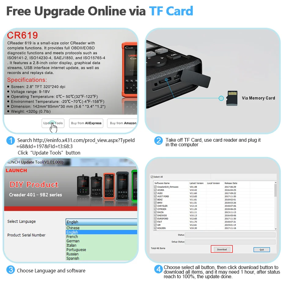 Диагностический сканер Launch CR619 OBD2 для двигателя ABS SRS ODB2 OBD 2 считыватель кодов