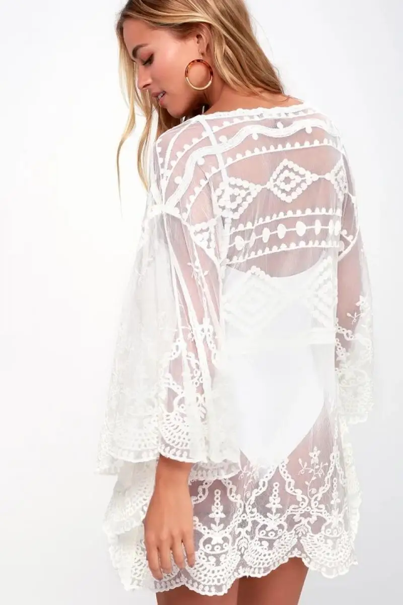 2021 new V-neck lace swimsuit blouse hollow bikini Cover up dress seaside vacation short beach Solid sunscreen clothing