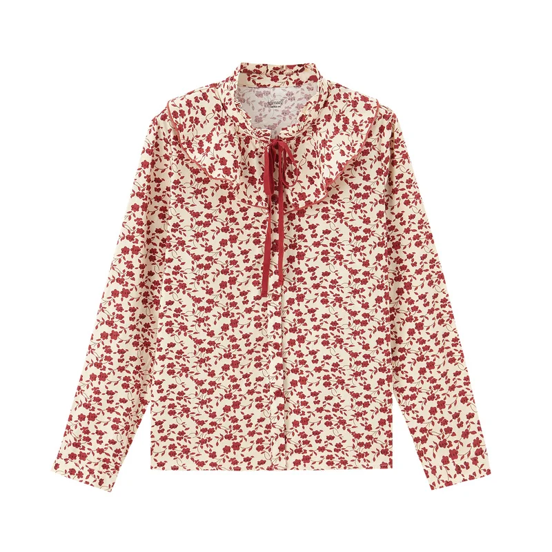 

INMAN Winter Women's Lovely Red Flower Bow Long Sleeve Shirt