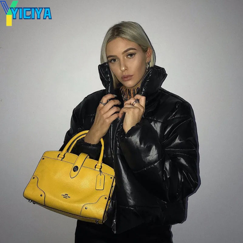 

Черные однотонные пальто, модная Женская осенне-зимняя укороченная куртка для женщин, уличная одежда с воротником-стойкой, женская верхняя ...