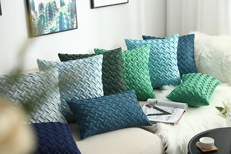 Blue Cushion Cover Soft Faux Suede Home Decorative Navy Pillow Cover Woven Pattern Green 45x45cm/30x50cm