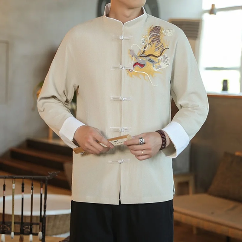 

2021 Chinese Dragon Shirt Embroider Shanghai Tang Suit Mandarin Collar Cheongsam Top Traditional Chinese Clothing For Men Q875