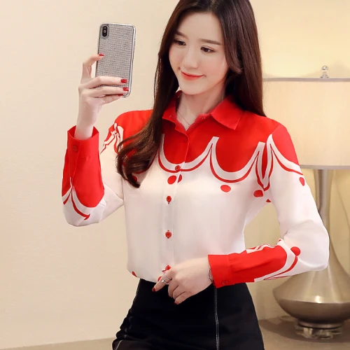 

Chiffon 2019 Print Camisas Mujer Fashion Brief Korean Blusa Feminina Casual Single Breasted Turn-down Collar Shirt