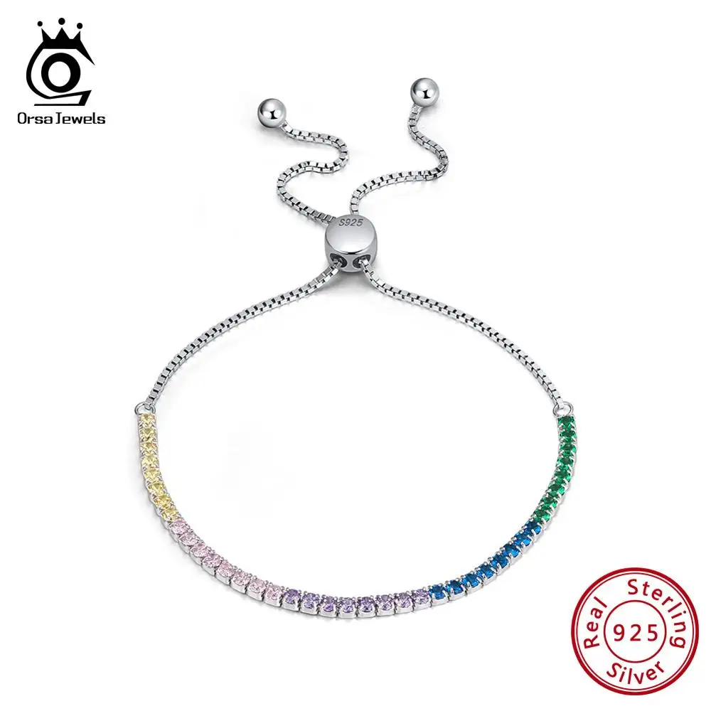 ORSA JEWELS настоящий 925 Регулируемый браслет с однорядным прозрачным CZ серебряной цепочкой для свиданий, ювелирное изделие SB43