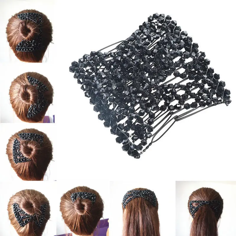 Легкая заколка-гребешок черная эластичная заколка с бусинами и бантом |